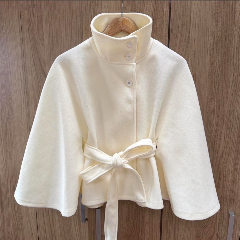 Cream Funnel-Neck Coat with Ribbon Tie